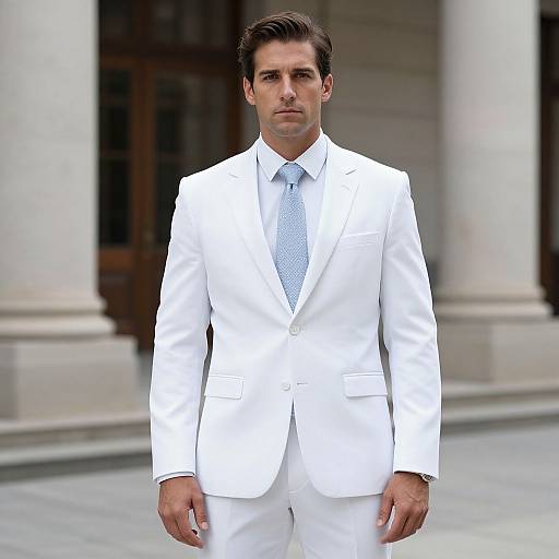 Photograph of a serious-looking man in a crisp white suit, light blue patterned tie, standing in front of a classical building with columns.
