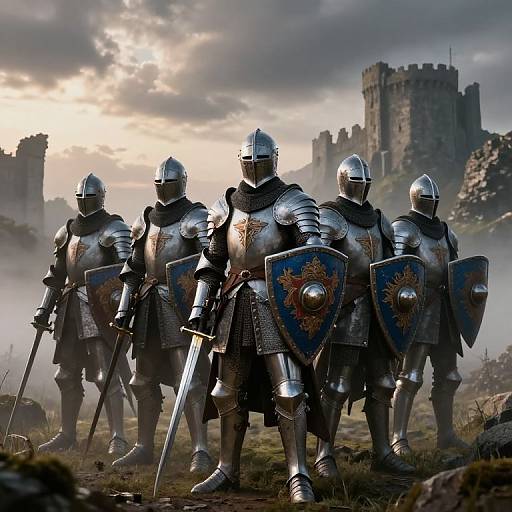 Photorealistic digital artwork of four medieval knights in silver armor, holding shields with sun emblems, standing in front of a misty castle at sunset