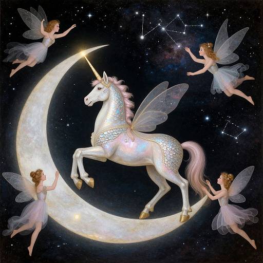 Digital artwork: Four ethereal fairy-like girls with translucent wings surround a sparkling, silver unicorn with a glowing horn on a luminous crescent moon in