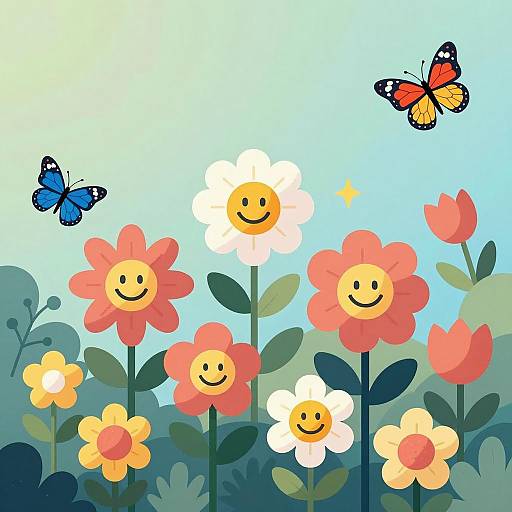 Whimsical Smiling Flowers with Butterflies