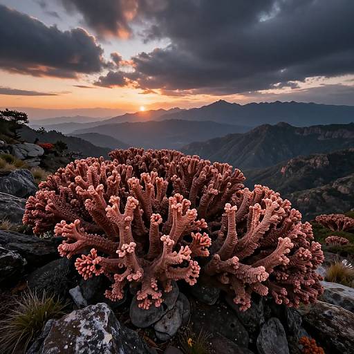 Photograph of vibrant pink cactus with textured arms in foreground, set against a dramatic sunset over layered mountain ranges and dark, cloudy sky.