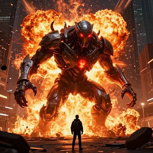 Cyberpunk Monster Amid Fiery Explosion