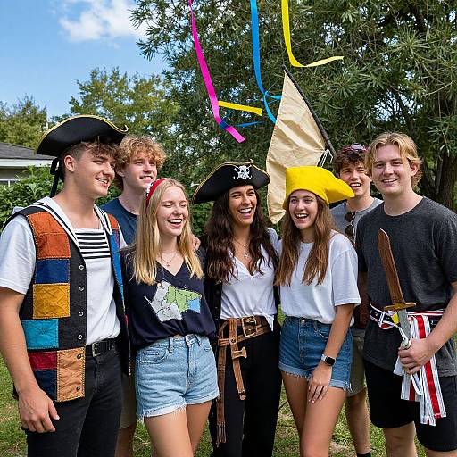 Photograph of six young adults in casual pirate costumes, smiling outdoors. Colorful streamers, pirate hats, and a flag in the background. Bright