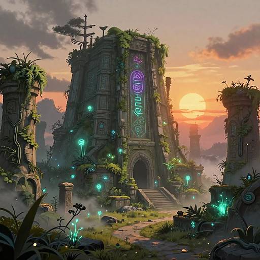 Fantasy digital artwork: mystical, ancient stone tower with glowing purple runes, overgrown with greenery, illuminated by bioluminescent orbs, set