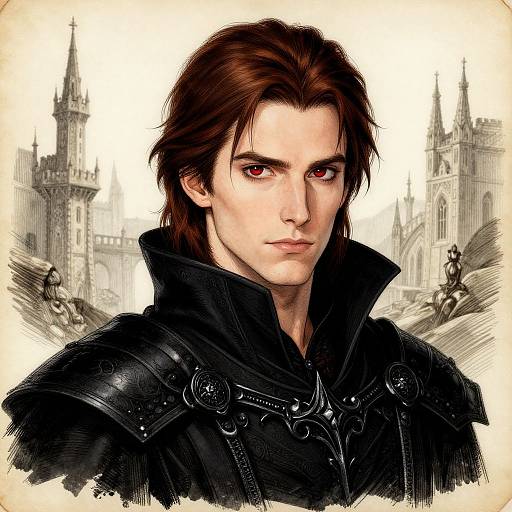 Digital illustration of a handsome, pale-skinned man with red eyes, brown hair, and black medieval armor, set against a Gothic cathedral background.