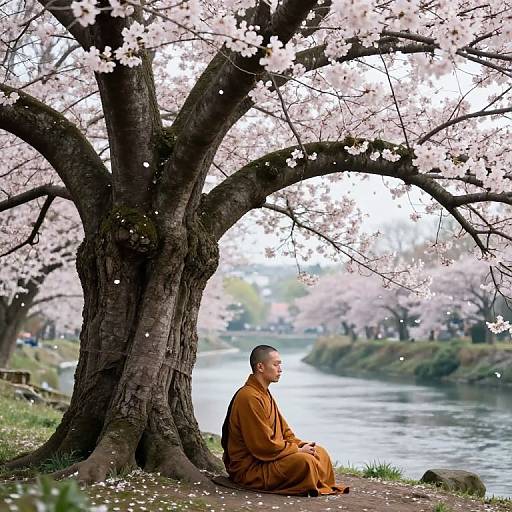 Photograph of a serene Buddhist monk in orange robes, sitting under a blooming cherry tree by a riverside, surrounded by pink blossoms.