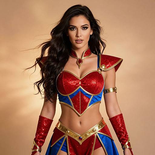 Photograph of a dark-haired woman in a red and blue, gold-accented, superhero-style armor outfit, with long wavy hair, standing