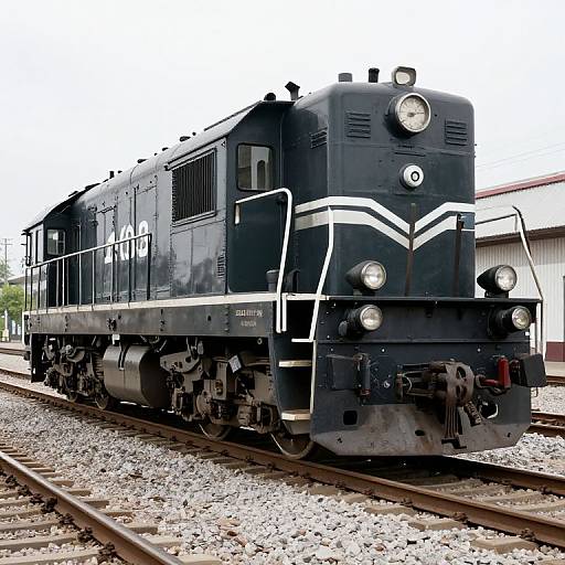 Photograph of a black, vintage diesel locomotive with white stripes, on railway tracks, with a white industrial building in the background.