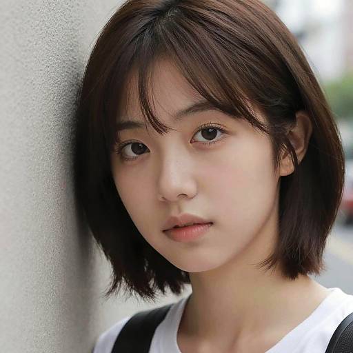 Photograph of a young Asian woman with short, dark brown hair, light skin, and brown eyes, standing against a white wall, wearing a white