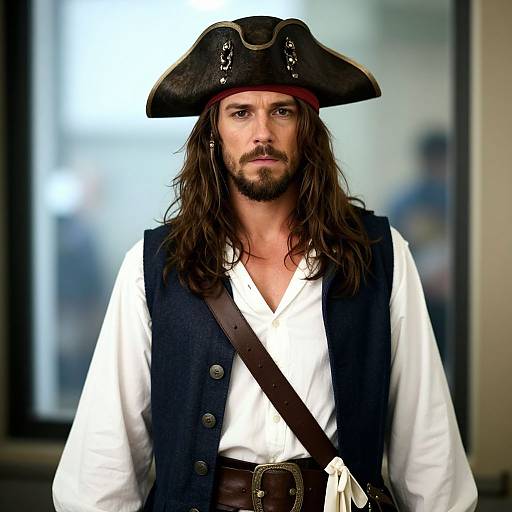 Photograph of a rugged, long-haired man with a beard, wearing a black pirate hat, white shirt, black vest, and brown belt, with