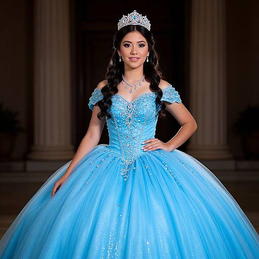 Photograph of a young woman with long black hair, wearing a sparkling silver tiara, blue off-shoulder, beaded ball gown, and