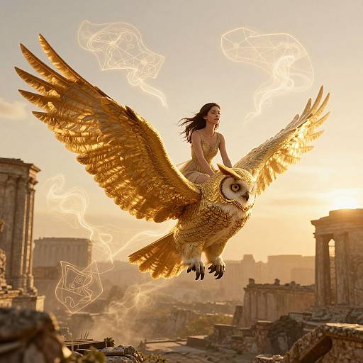Digital artwork of a nude woman with long black hair riding a golden owl with outstretched wings over a ruined ancient city at sunset, with glowing elemental