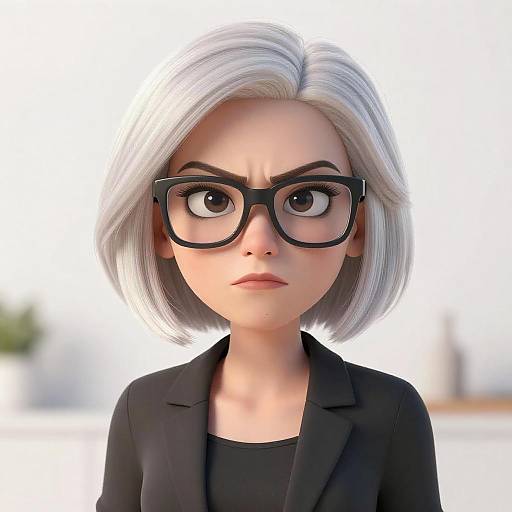 Stern Cartoon Woman with Bob Haircut