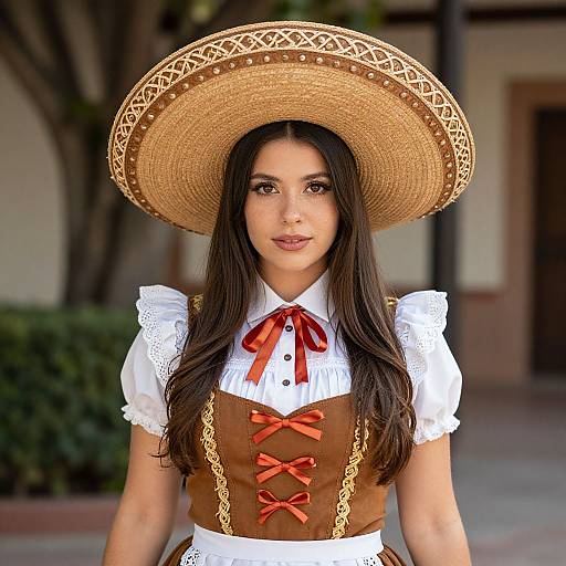 Photograph of a young Latina woman with long dark hair, wearing a large woven hat, white lace blouse, brown corset with red bows, and