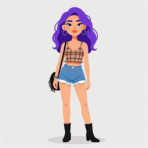 Digital illustration of a confident woman with vibrant purple hair, wearing a plaid crop top, high-waisted denim shorts, black ankle boots, and