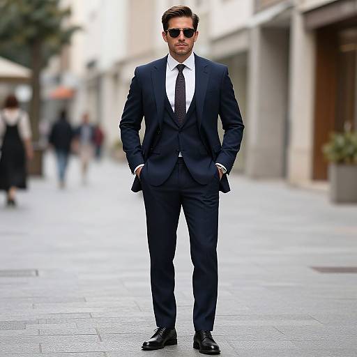 Photograph of a handsome man in a dark navy suit, white shirt, black tie, and sunglasses, standing confidently on a city street with blurred background