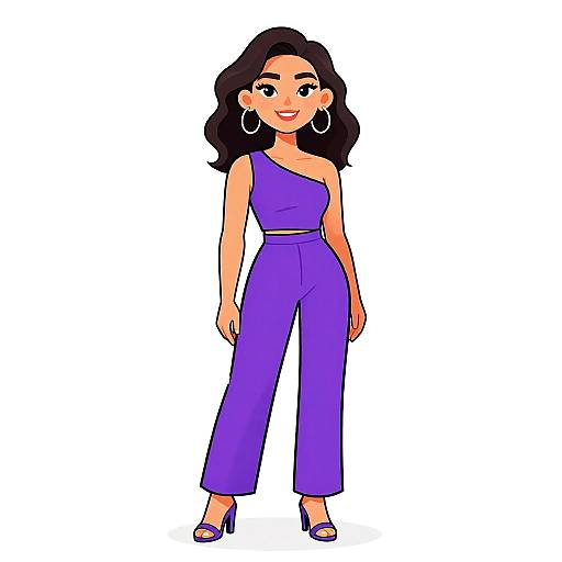 Digital illustration of a confident woman with long black hair, wearing a purple one-shoulder jumpsuit, silver hoop earrings, and purple high heels.