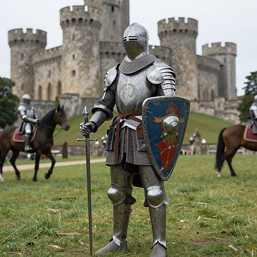 Photograph of a medieval knight in silver armor with a sword and blue shield, standing in a grassy field before a stone castle. Two knights on