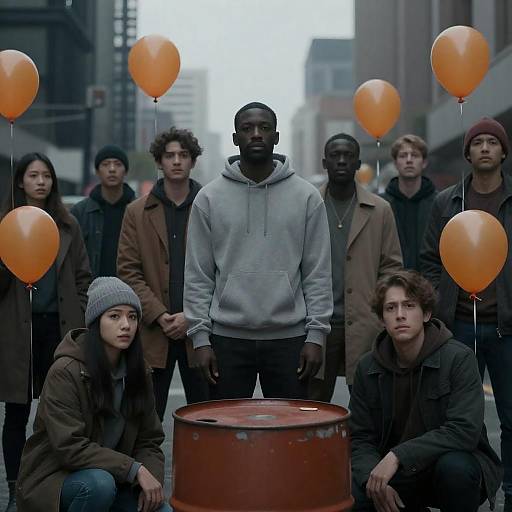 Diverse Group in Urban Setting with Orange Balloons