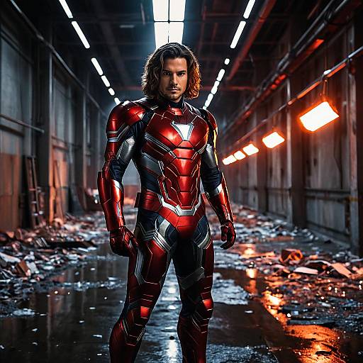 Man in Red Armored Superhero Suit in Industrial Hallway