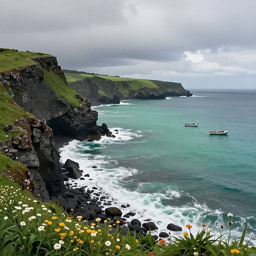 Photograph of a rugged coastal cliffside with green grass, yellow and white wildflowers, turquoise ocean, and two small boats under cloudy sky.