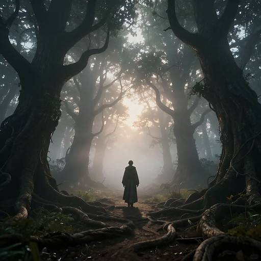 Digital art: Silhouetted figure in long coat walks through misty forest with towering, twisted trees and sunbeams breaking through foliage.