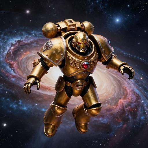 Golden robotic warrior with a helmet and red gem, floating in space with a colorful spiral galaxy background. Digital artwork.