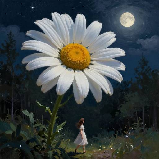 Digital painting of a moonlit night, featuring a giant white daisy with a yellow center, and a small girl in a white dress standing beneath it