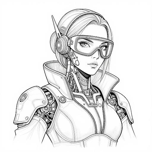 Black-and-white digital line art of a futuristic female character with cybernetic enhancements, wearing a high-collared jacket, goggles, and headgear