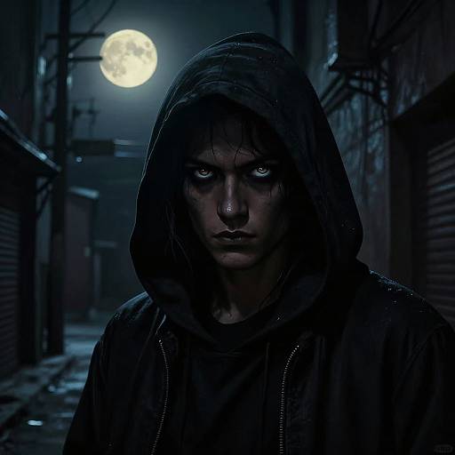 Photorealistic digital art of a hooded man with glowing blue eyes, dark shadowed face, and full moon in a dim, alleyway at