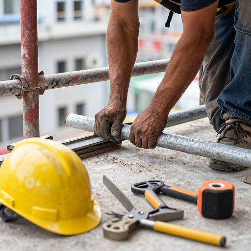 Photograph of a construction worker's hands gripping a metal bar, wearing blue jeans, with a yellow hard hat and tools on a concrete surface. Urban