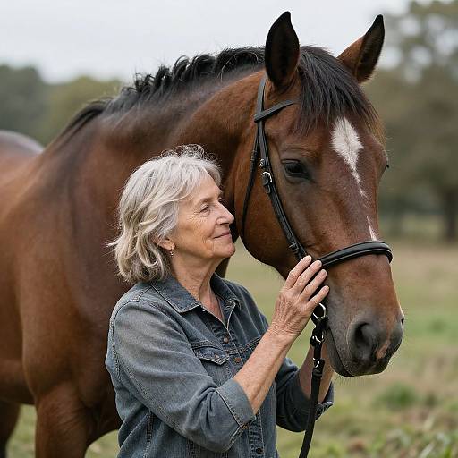 Photograph of an elderly woman with gray hair, wearing a denim shirt, gently petting a brown horse with a white blaze on its forehead, standing