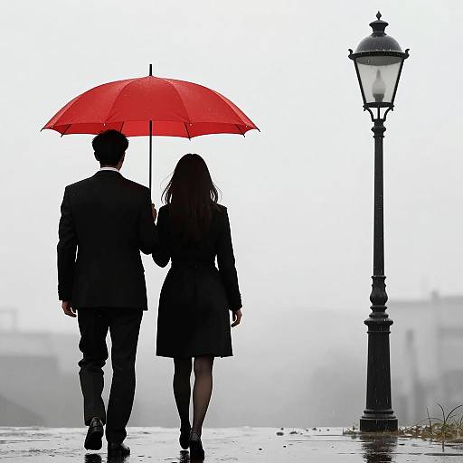 Couple Walking Under Red Umbrella in Rain
