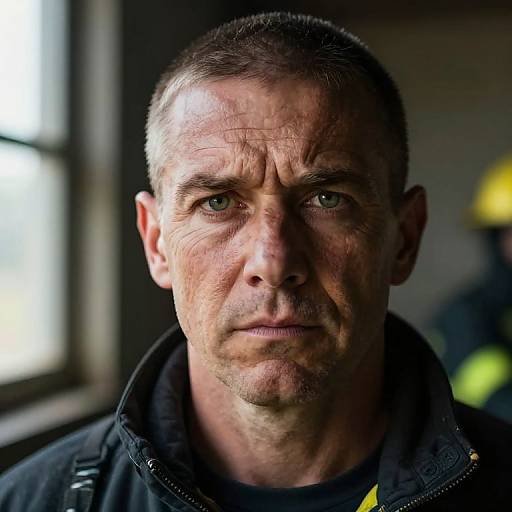Photograph of a middle-aged man with short, dark hair, blue eyes, and a serious expression, wearing a black jacket, against a dimly