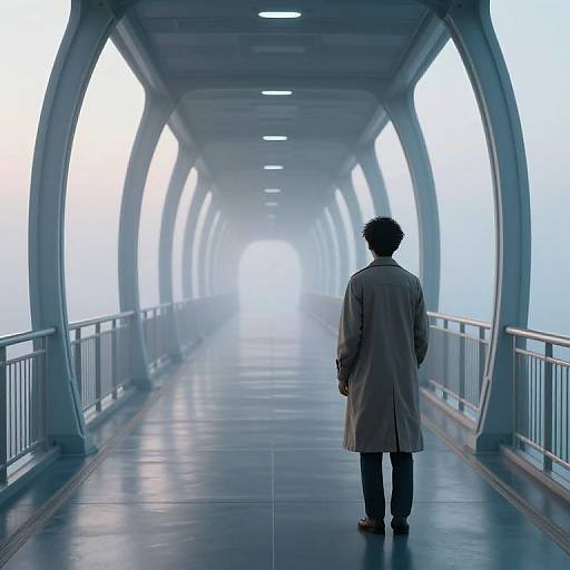 Digital artwork of a lone man in a long coat standing on a foggy, futuristic bridge with arched metal beams.