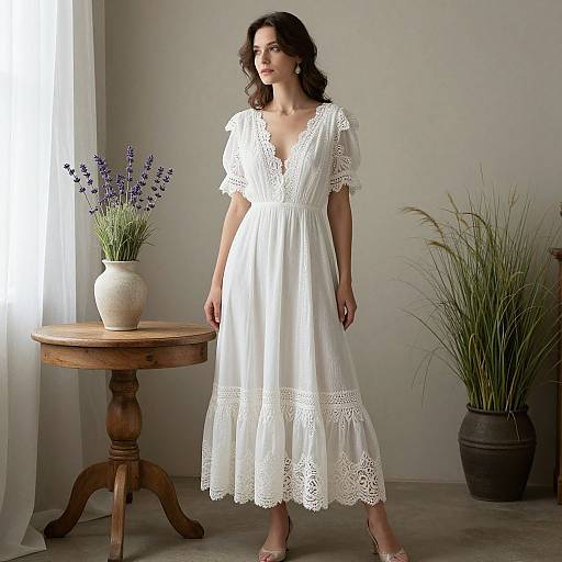 Photograph of a woman with wavy dark hair in a white lace dress, standing by a wooden table with lavender and grass plants, in a softly