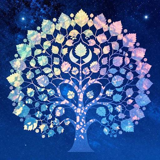 Digital art of a glowing, multi-colored tree with star-like leaves against a cosmic blue and starry night background.