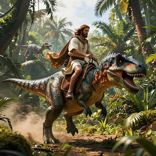 Jesus Riding Velociraptor in Jungle