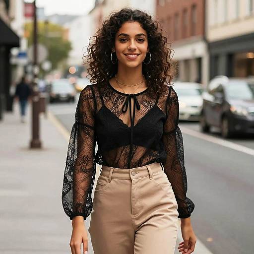Photograph of a smiling woman with curly hair, wearing a black lace top over a black bralette and beige high-waisted pants, standing on