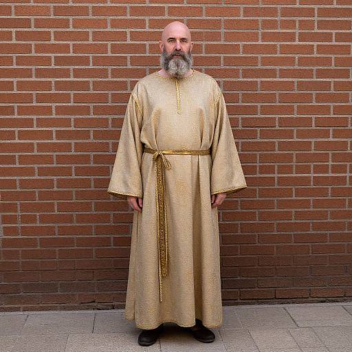 Photograph of bald, bearded man with gray beard wearing long, gold, embroidered robe, standing against red brick wall, black shoes.