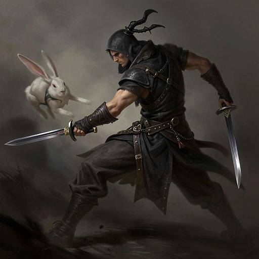 Digital fantasy artwork: Muscular warrior with dark hood and armor, dual swords, chases floating white rabbit in smoky, dark background.