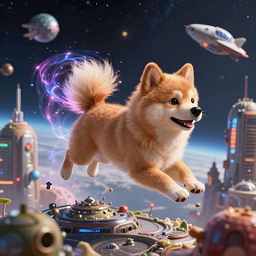 CGI image of a fluffy, orange and white Shiba Inu with glowing tail, leaping joyfully above a futuristic cityscape with flying sa