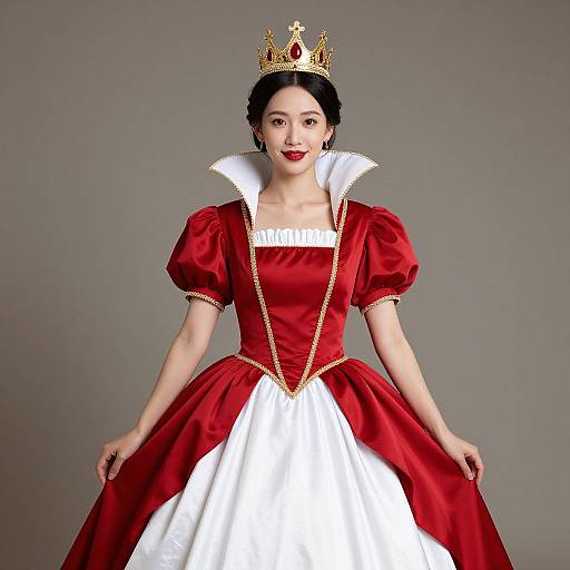 Photograph of an Asian woman with fair skin, black hair, red dress with white skirt, gold-trimmed crown, and white collar, smiling