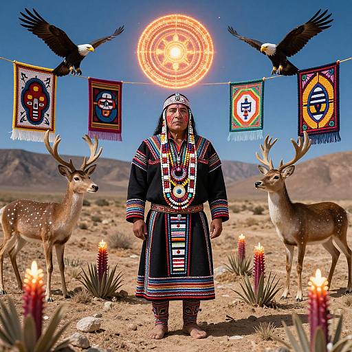 Photograph of Native American man in traditional attire, adorned with beads, standing between two deer, with eagles, flags, sun symbol, and candles