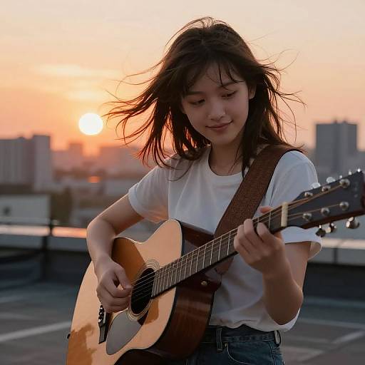 Teen Girl Playing Guitar at Sunset