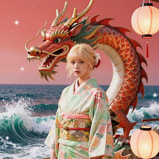 Photograph-style digital artwork of a blonde woman in a floral kimono standing beside a vibrant, red dragon by the ocean, under glowing paper lanterns