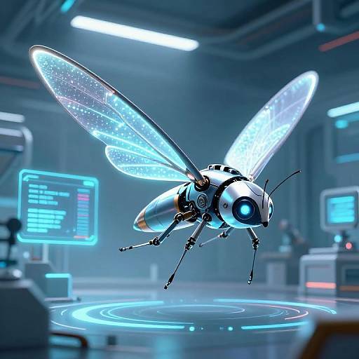 CGI image of a glowing, robotic dragonfly with translucent wings hovering above a futuristic lab, surrounded by neon-lit control panels.
