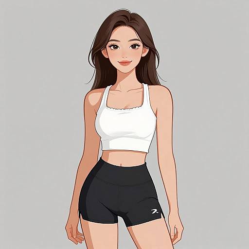 Digital anime-style drawing of a slim, attractive woman with long brown hair, wearing a white crop top and black shorts, smiling against a light blue background