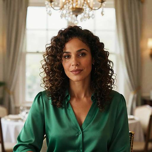 Photograph of a woman with curly dark hair, medium brown skin, wearing a green satin blouse, smiling in an elegant, softly lit room with a