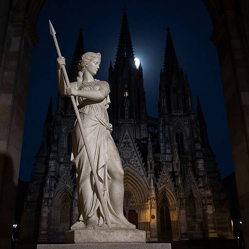 Photograph of a white stone statue of a warrior woman with a spear, illuminated in front of a Gothic cathedral at night with a full moon in the